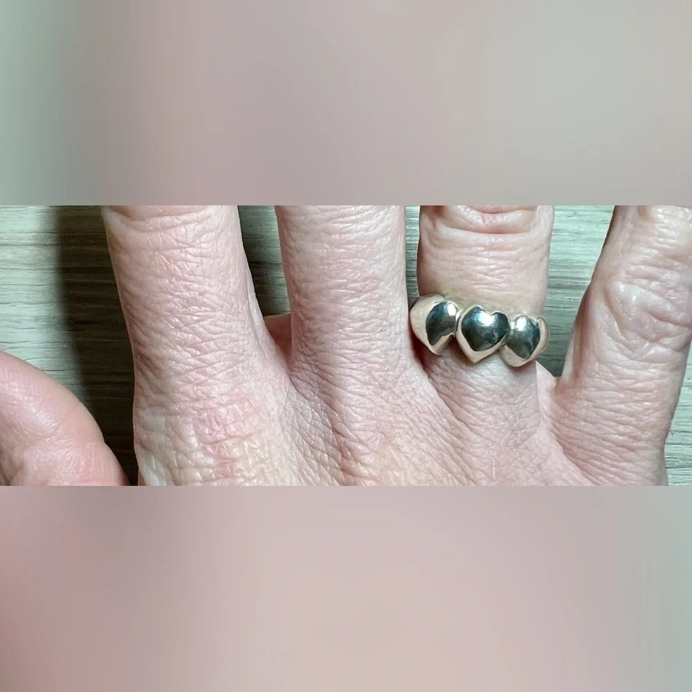 Vintage Handmade Sterling Silver Triple Heart Band Ring, Size 5.75, 3.2g